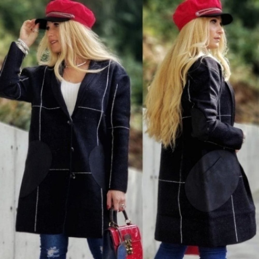 Womens contemporary Grid Plaid sweater Coat Jacket Black